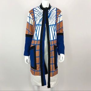 Tribal Print Jacket Blue Tan Zip Long Medium